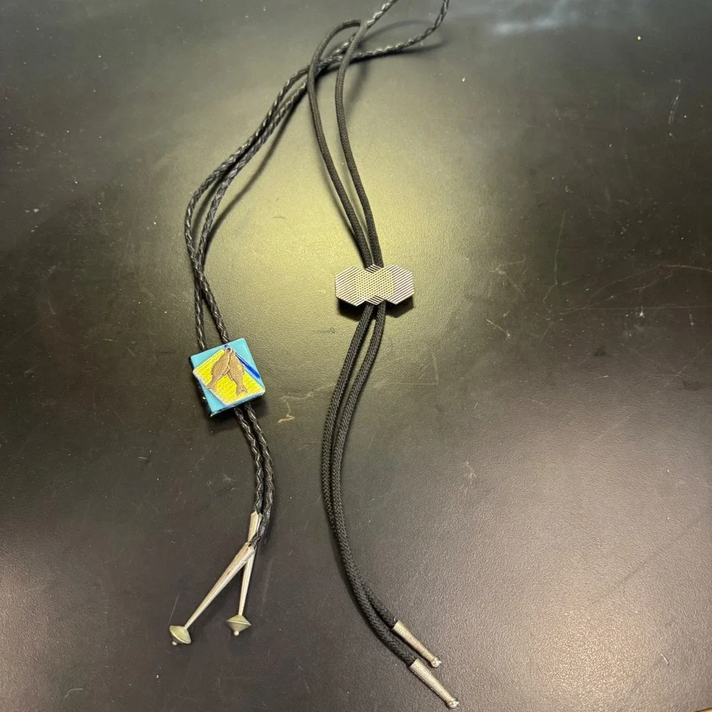 Vintage Bolo Tie Lot Mens Black Blue Silver Fish Dichroic Glass Geometric 2pc